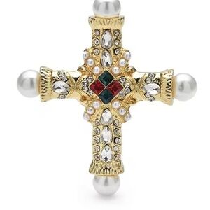 Royale Pearl Cross Crystal Brooch
